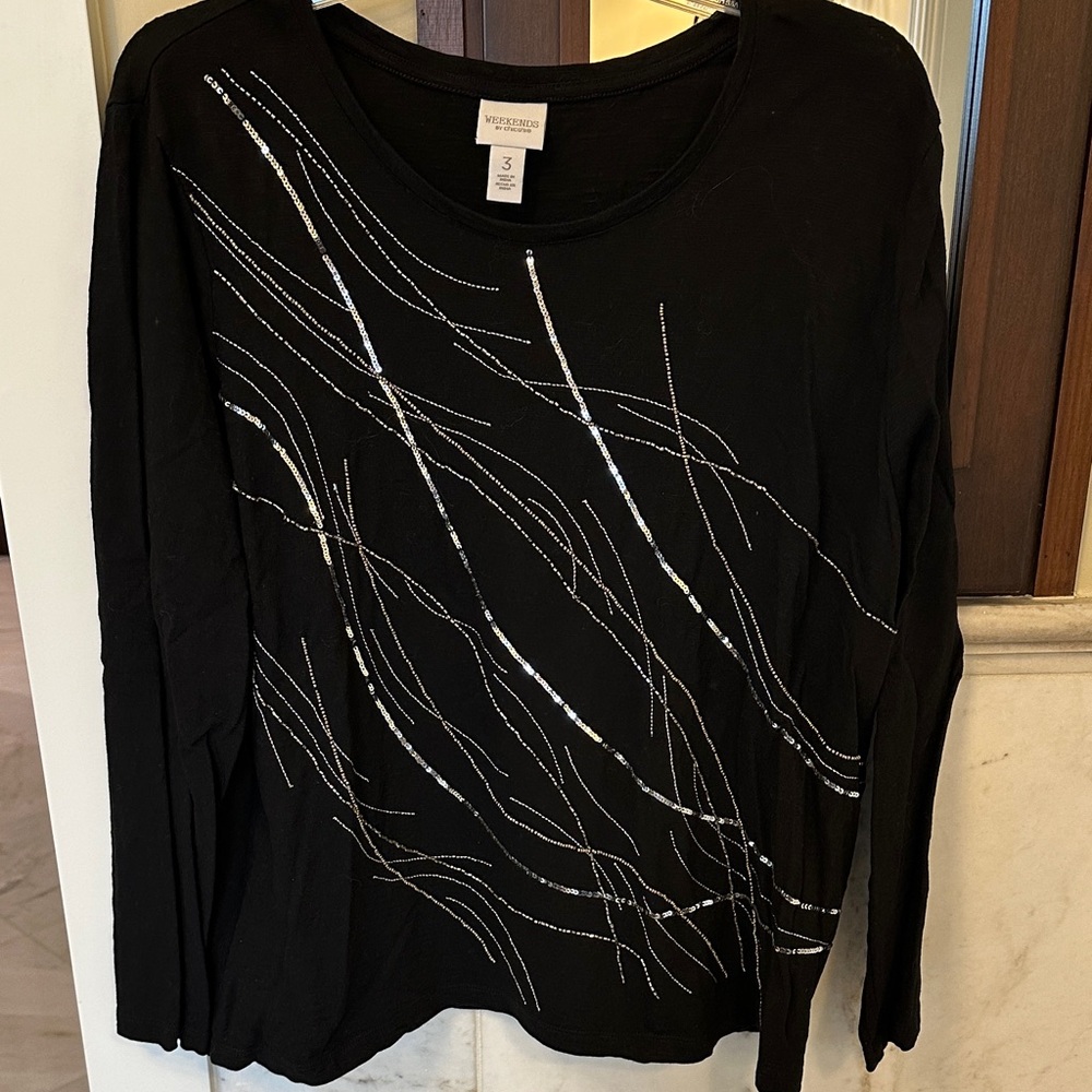 Elegant Black Long Sleeve Top with Silver Accents
